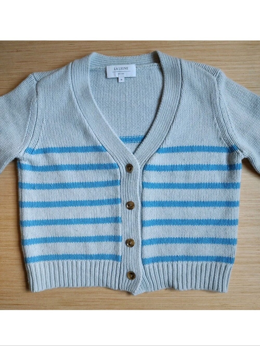 LA Ligne Mini Marin Striped Cardigan Wool Cashmere Blue Buttons Chunky Crop M - Picture 8 of 16